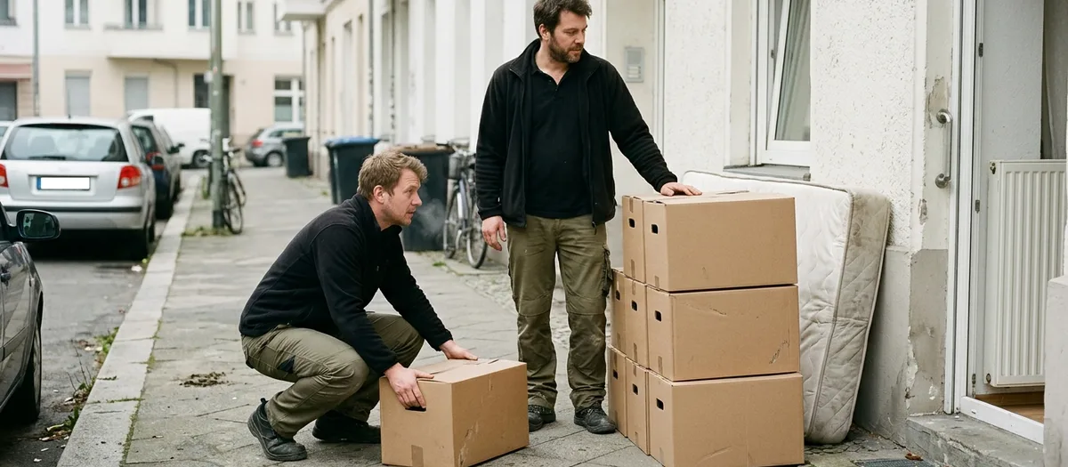 Matratze und gestapelte Kartons auf dem Gehweg, ein Träger bückt sich nach dem untersten