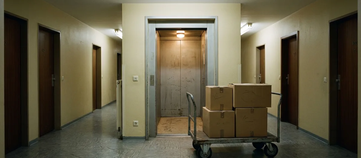 Geöffnete Aufzugstür im Plattenbau, davor wartet ein mit Kartons beladener Plattenwagen
