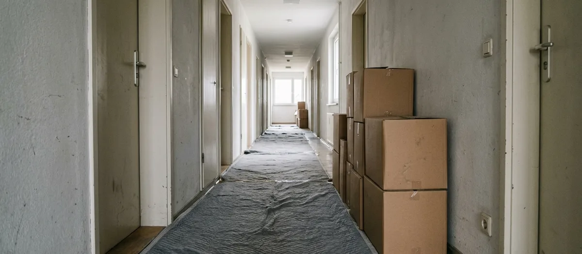Langer Flur im Plattenbau, eine Decke schützt den Boden, Kartons stehen an der Wand