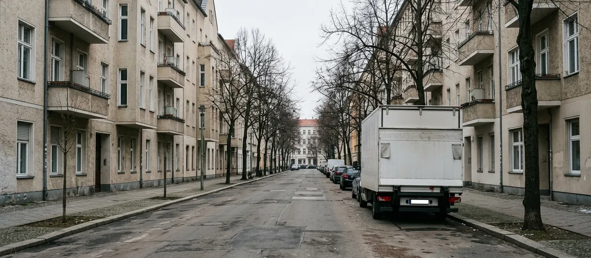 Breite Straße mit Gründerzeithäusern und kahlen Linden, der Lastwagen steht am Bordstein