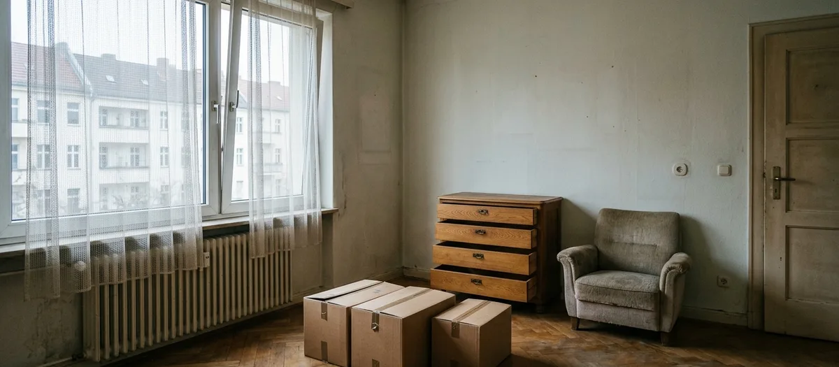 Zimmer wird geräumt, ein alter Sessel, eine Kommode mit offenen Schubladen und einige Kartons