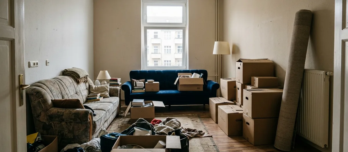 Wohnzimmer mit zwei verschiedenen Sofas, Kartons, Stehlampe und gerolltem Teppich