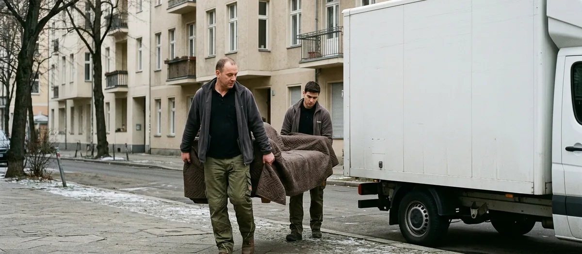 Zwei Träger bringen ein eingewickeltes Sofa über den Gehweg vor einem Gründerzeithaus zum Lastwagen